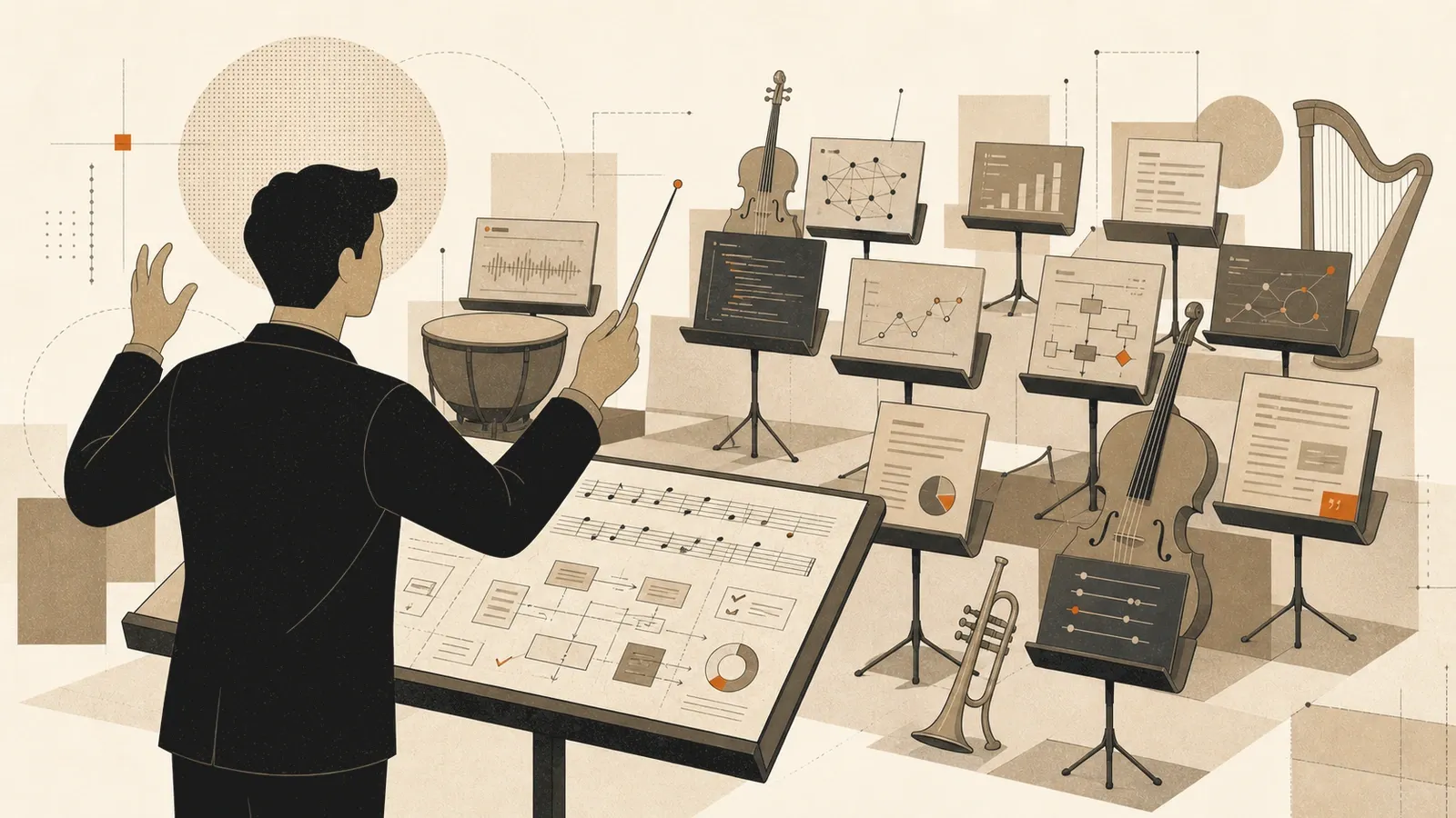 A warm-toned illustration of a conductor before an orchestra, with the players rendered as AI agents.