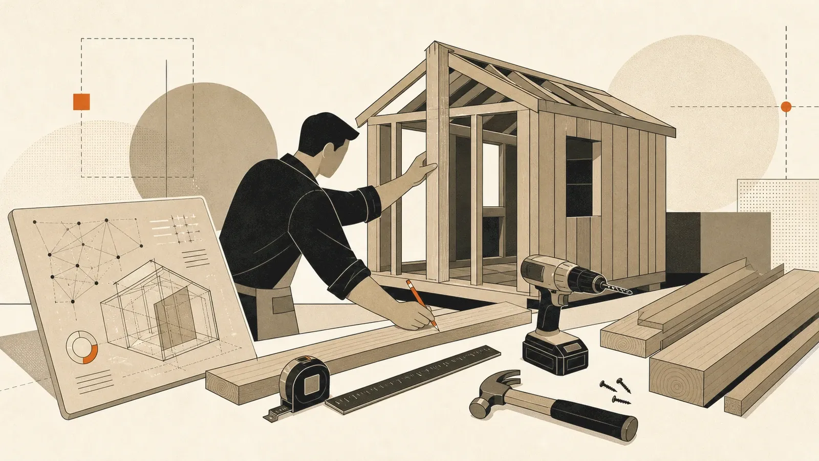 An illustration in warm cream and Clemson orange showing a half-built shed, the tools used to construct it, and a faint suggestion of an AI agent in the background.